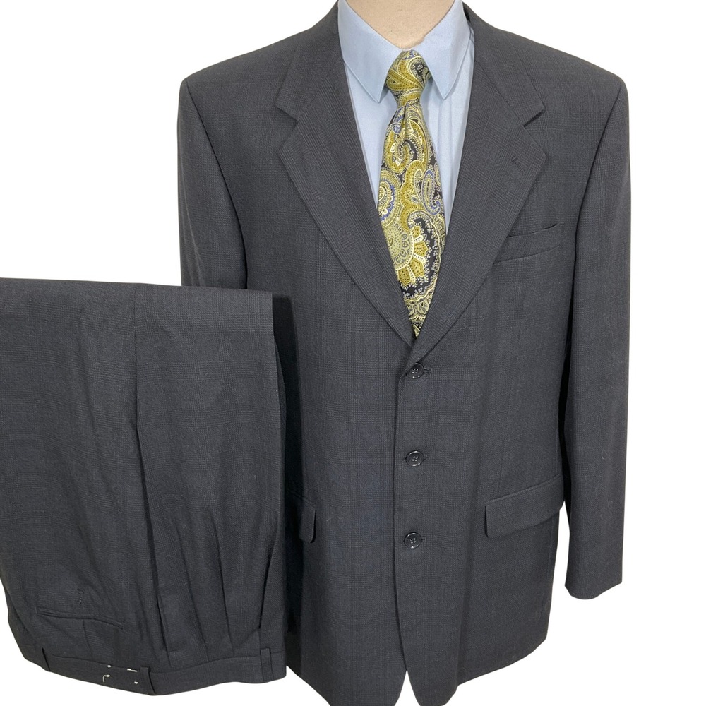 Jones New York Suit Mens 43L Blue Black Plaid Golden Twist Luxury Wool‎ USA Vtg